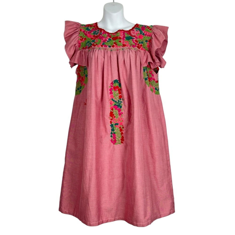 Pink Embroidered Midi Dress with Ruffle Sleeves